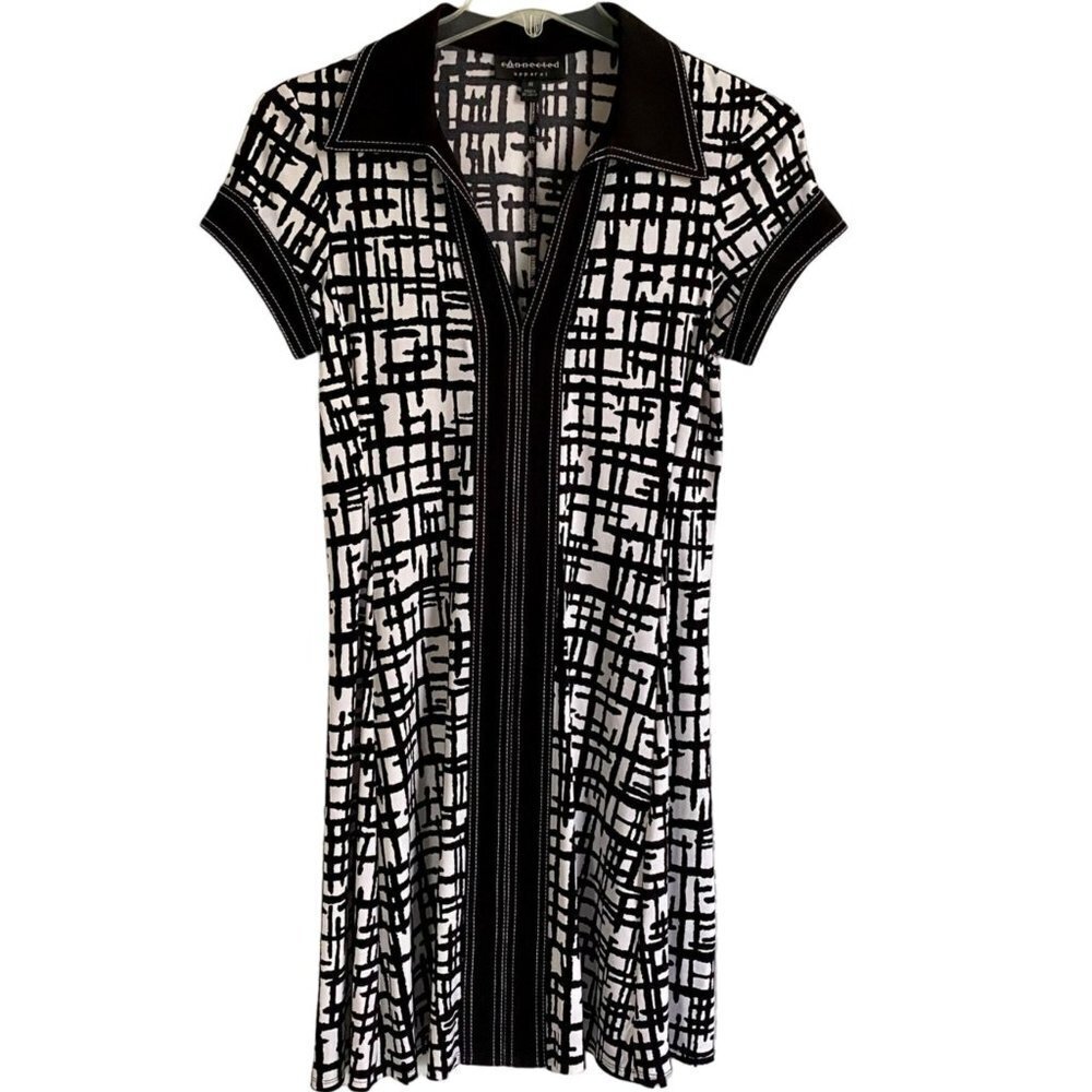 Connected Apparel Black White Geometric Short Sleeve Dress Size 10